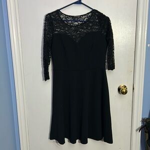 Modest Lace Neckline A-Line Dress, with gold glitter accents